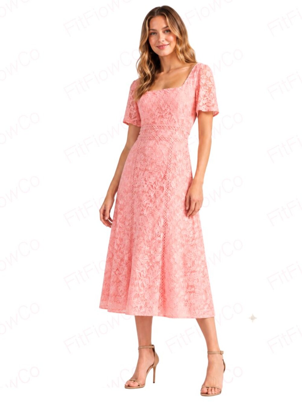 Anne Klein Blossom Coral Pink Corded Lace Midi Dress Size 2 NWT Square Neck